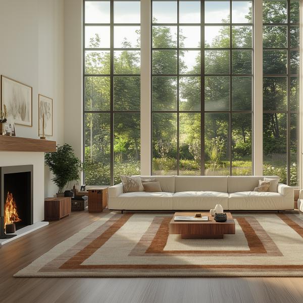 Moderne stue med gulv-til-loft vinduer, stort cremefarvet sofa og geometrisk uldtæppe.